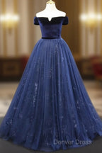 A Line Blue Tulle Velvet Long Prom Dress, Blue Prom Dresses