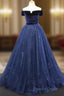 A Line Blue Tulle Velvet Long Prom Dress, Blue Prom Dresses