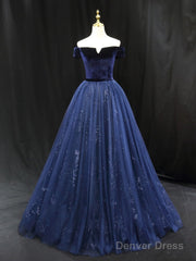 A-Line Blue Tulle Velvet Long Prom Dress, Blue Formal Evening Dress