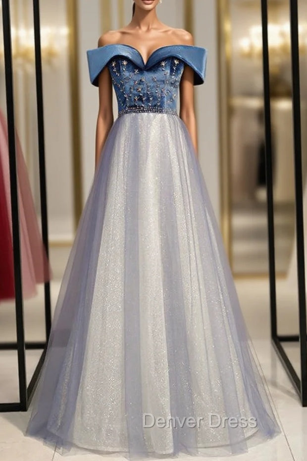 A Line Blue Tulle Velvet Off the Shoulder Beading Prom Dresses