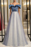 A Line Blue Tulle Velvet Off the Shoulder Beading Prom Dresses
