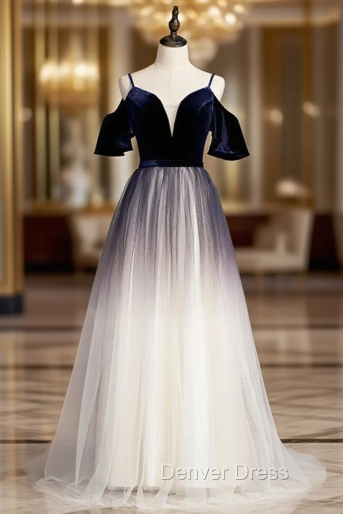 A-Line Blue Velvet Tulle Spagehtti Straps Long Prom Dresses Main image
