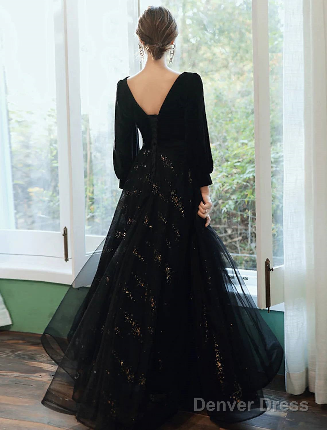A Line Bridesmaid Dresses Jewel Neck Long Sleeve Elegant Floor Length Tulle Velvet With Sequin Bandage