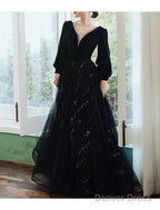 A Line Bridesmaid Dresses Jewel Neck Long Sleeve Elegant Floor Length Tulle Velvet With Sequin Bandage