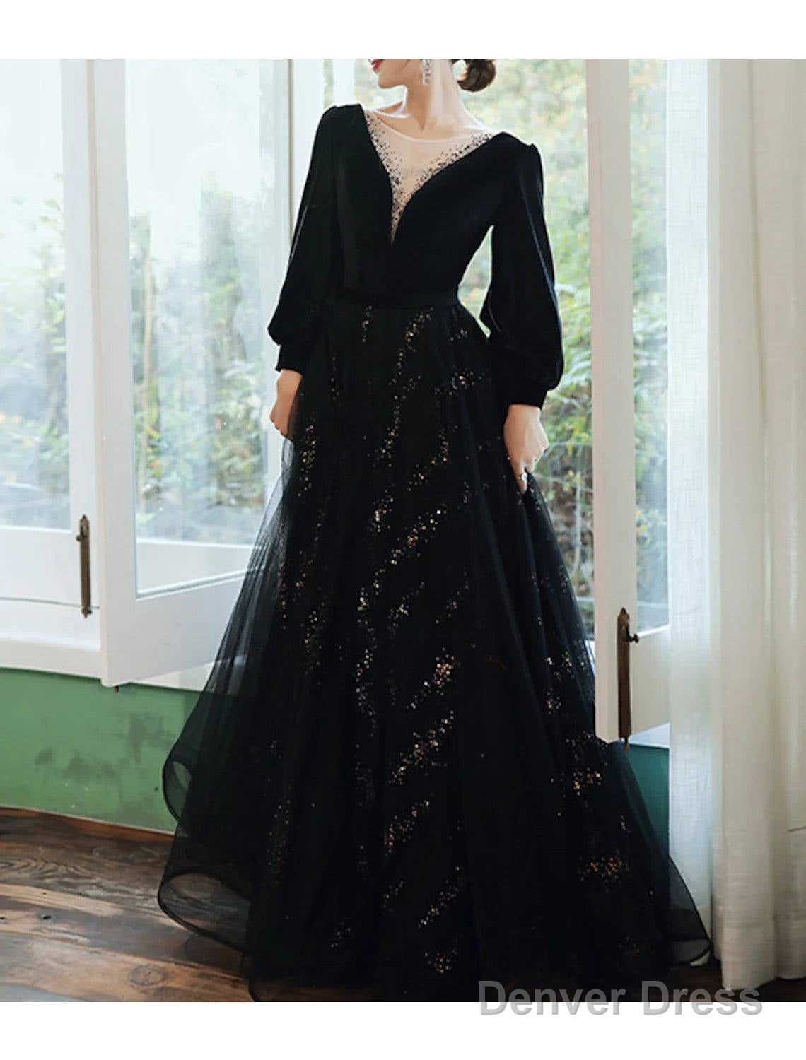 A Line Bridesmaid Dresses Jewel Neck Long Sleeve Elegant Floor Length Tulle Velvet With Sequin Bandage