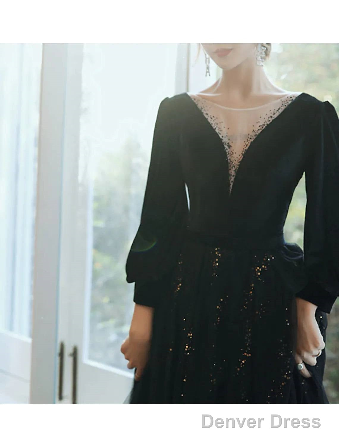 A Line Bridesmaid Dresses Jewel Neck Long Sleeve Elegant Floor Length Tulle Velvet With Sequin Bandage