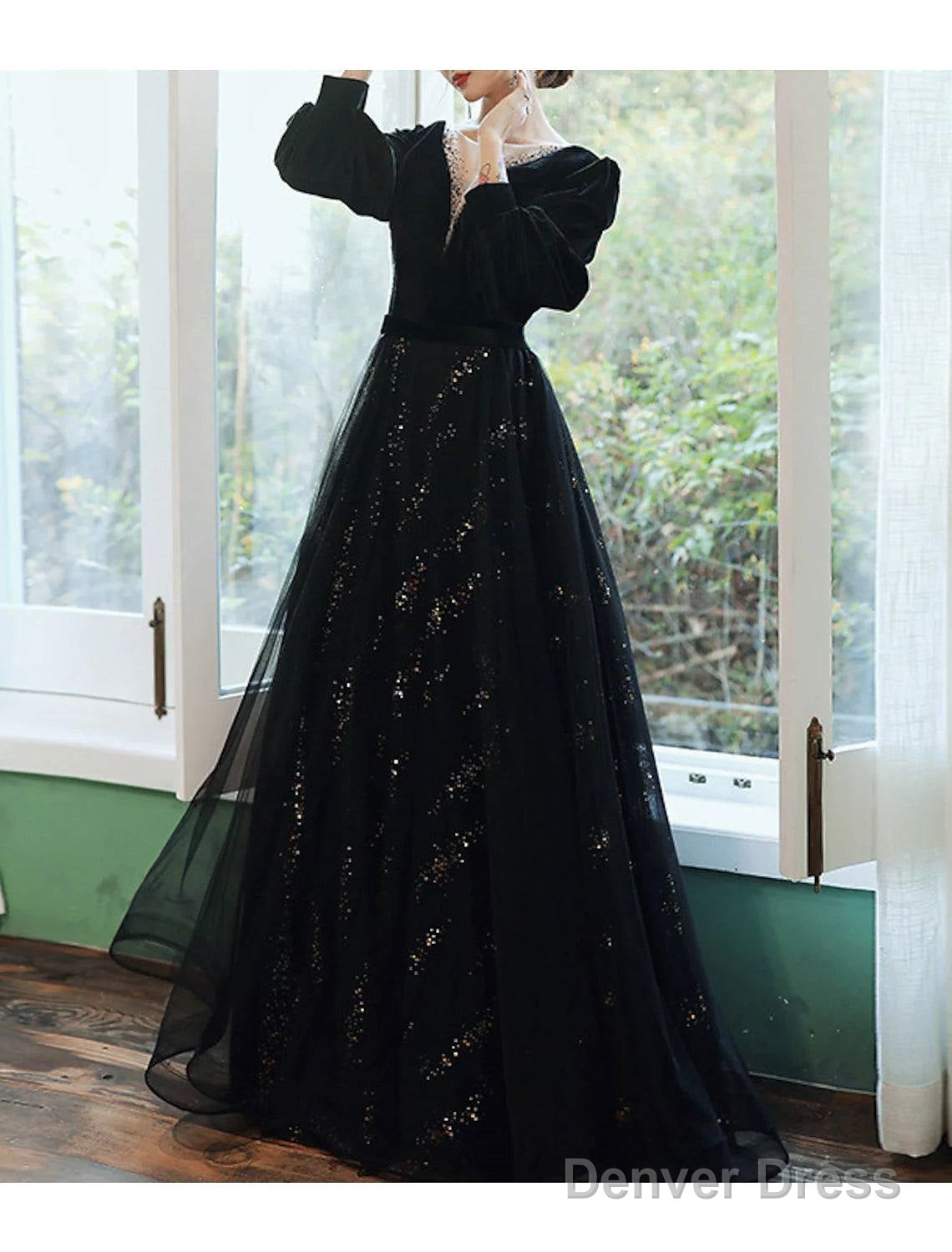 A Line Bridesmaid Dresses Jewel Neck Long Sleeve Elegant Floor Length Tulle Velvet With Sequin Bandage