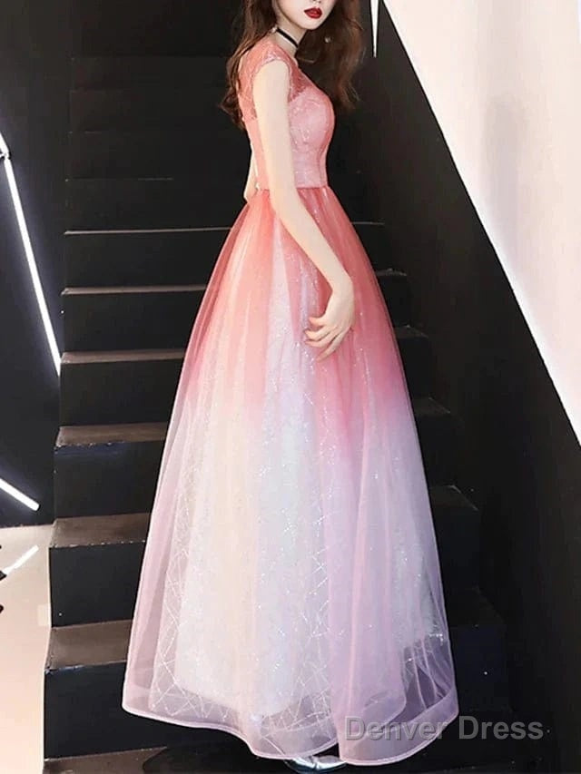 A-Line Bridesmaid Dress Jewel Neck Short Sleeve Color Block Floor Length Tulle With Sequin Secondary image