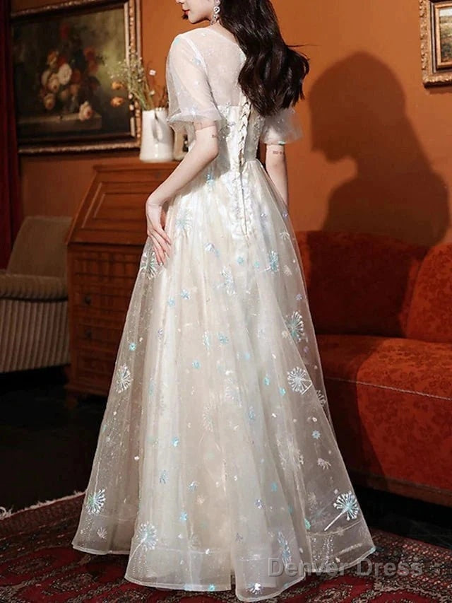 A Line Bridesmaid Dresses Jewel Neck Short Sleeve Elegant Floor Length Lace Tulle With Appliques Secondary image