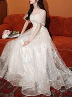 A-Line Bridesmaid Dress Jewel Neck Short Sleeve Elegant Floor Length Lace / Tulle With Appliques