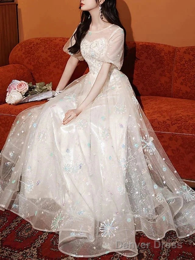 A Line Bridesmaid Dresses Jewel Neck Short Sleeve Elegant Floor Length Lace Tulle With Appliques