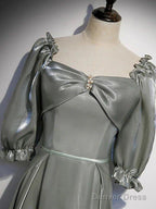 A Line Bridesmaid Dresses Square Neck Half Sleeve Elegant Floor Length Satin With Bow(S) Beading