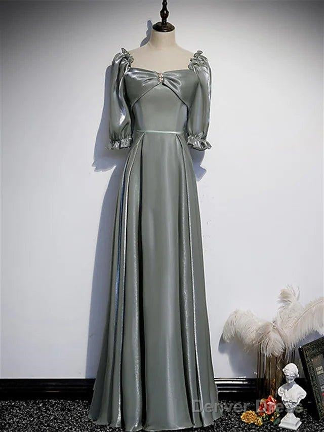 A Line Bridesmaid Dresses Square Neck Half Sleeve Elegant Floor Length Satin With Bow(S) Beading