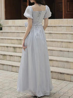 A Line Bridesmaid Dresses Square Neck Short Sleeve Elegant Ankle Length Organza With Bow(S)