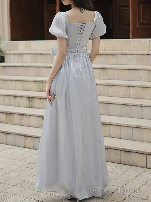 A Line Bridesmaid Dresses Square Neck Short Sleeve Elegant Ankle Length Organza With Bow(S)