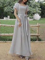 A Line Bridesmaid Dresses Square Neck Short Sleeve Elegant Ankle Length Organza With Bow(S)
