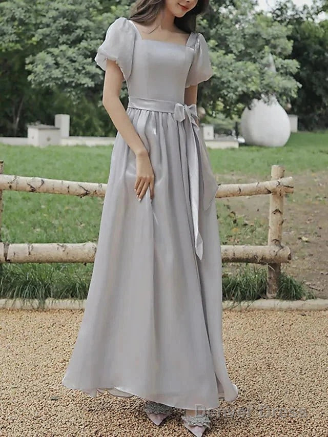 A Line Bridesmaid Dresses Square Neck Short Sleeve Elegant Ankle Length Organza With Bow(S)