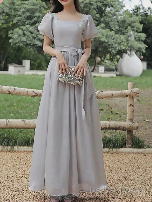 A Line Bridesmaid Dresses Square Neck Short Sleeve Elegant Ankle Length Organza With Bow(S)