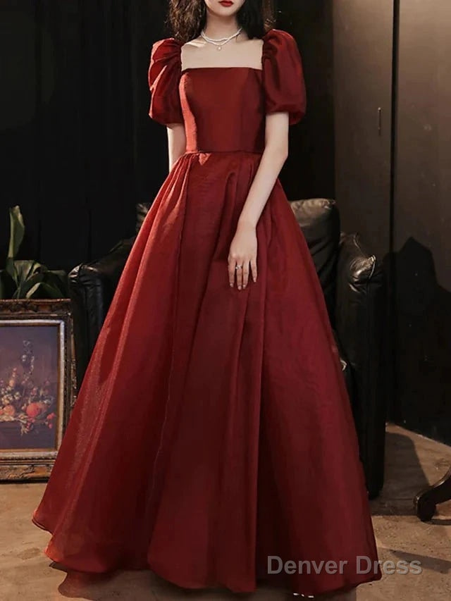 A Line Bridesmaid Dresses Square Neck Short Sleeve Elegant Floor Length Satin With Pleats