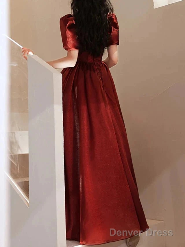 A Line Bridesmaid Dresses Square Neck Short Sleeve Elegant Floor Length Satin With Pleats