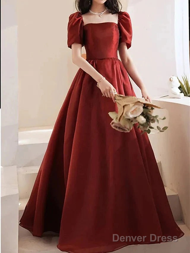 A Line Bridesmaid Dresses Square Neck Short Sleeve Elegant Floor Length Satin With Pleats