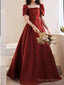 A Line Bridesmaid Dresses Square Neck Short Sleeve Elegant Floor Length Satin With Pleats