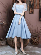 A Line Bridesmaid Dresses Square Neck Short Sleeve Elegant Knee Length Satin With Buttons Pleats