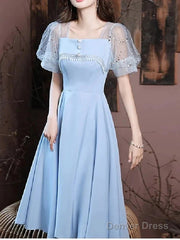 A-Line Bridesmaid Dress Square Neck Short Sleeve Elegant Knee Length Satin With Buttons / Pleats