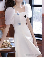 A Line Bridesmaid Dresses Square Neck Short Sleeve Elegant Short Mini Satin With Bow(S) Pleats