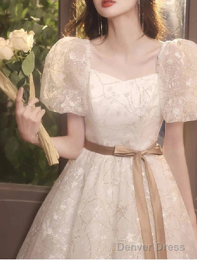 A Line Bridesmaid Dresses Square Neck Short Sleeve Elegant Tea Length Tulle With Bow(S) Pleats