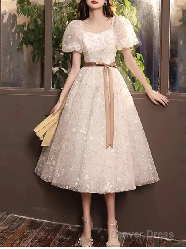 A Line Bridesmaid Dresses Square Neck Short Sleeve Elegant Tea Length Tulle With Bow(S) Pleats