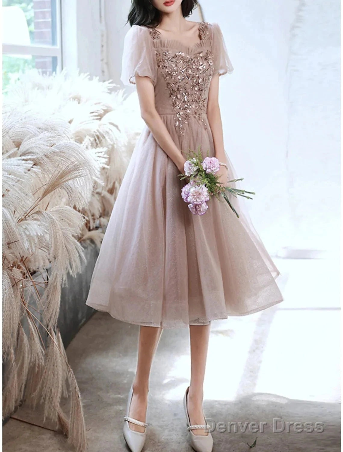 A Line Bridesmaid Dresses Square Neck Short Sleeve Elegant Tea Length Tulle With Sequin Ruffles