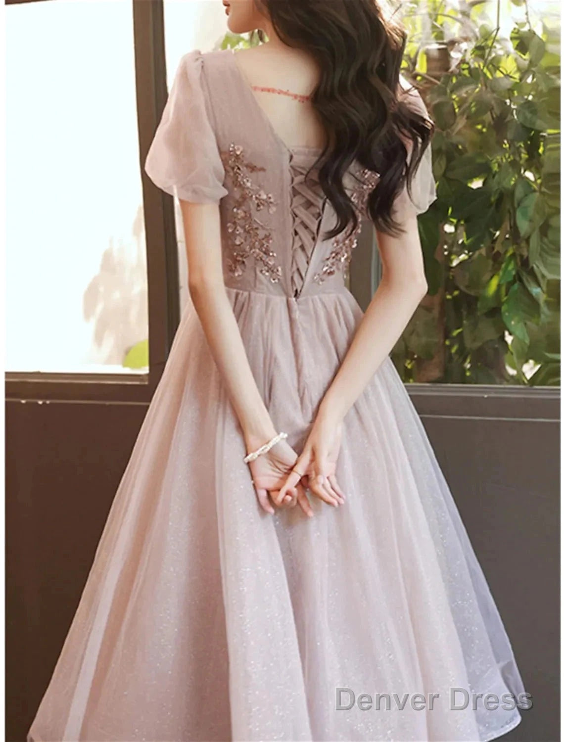 A Line Bridesmaid Dresses Square Neck Short Sleeve Elegant Tea Length Tulle With Sequin Ruffles