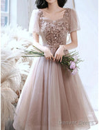 A Line Bridesmaid Dresses Square Neck Short Sleeve Elegant Tea Length Tulle With Sequin Ruffles