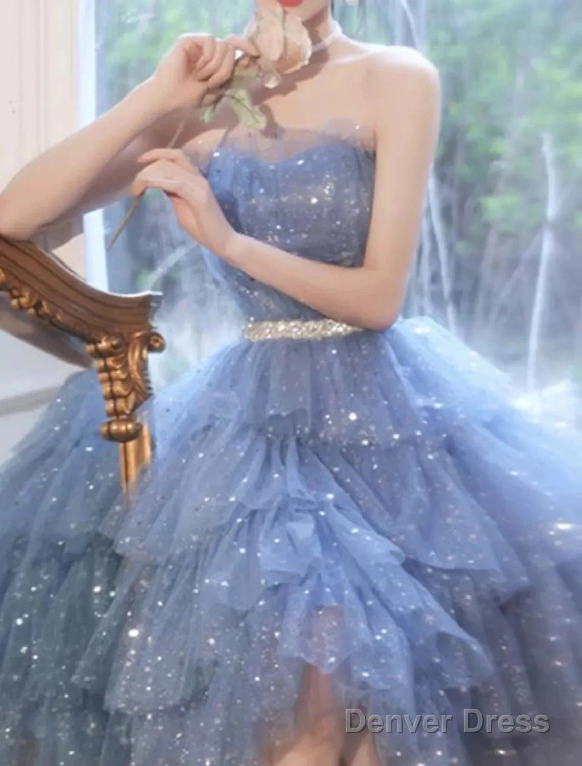 A Line Bridesmaid Dresses Strapless Sleeveless Elegant Knee Length Tulle Sequined With Sash Ribbon Sequin