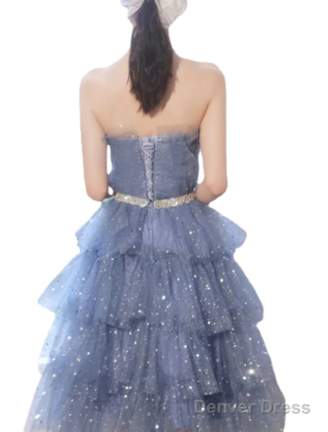 A Line Bridesmaid Dresses Strapless Sleeveless Elegant Knee Length Tulle Sequined With Sash Ribbon Sequin