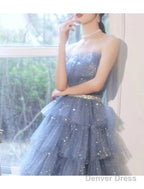 A Line Bridesmaid Dresses Strapless Sleeveless Elegant Knee Length Tulle Sequined With Sash Ribbon Sequin