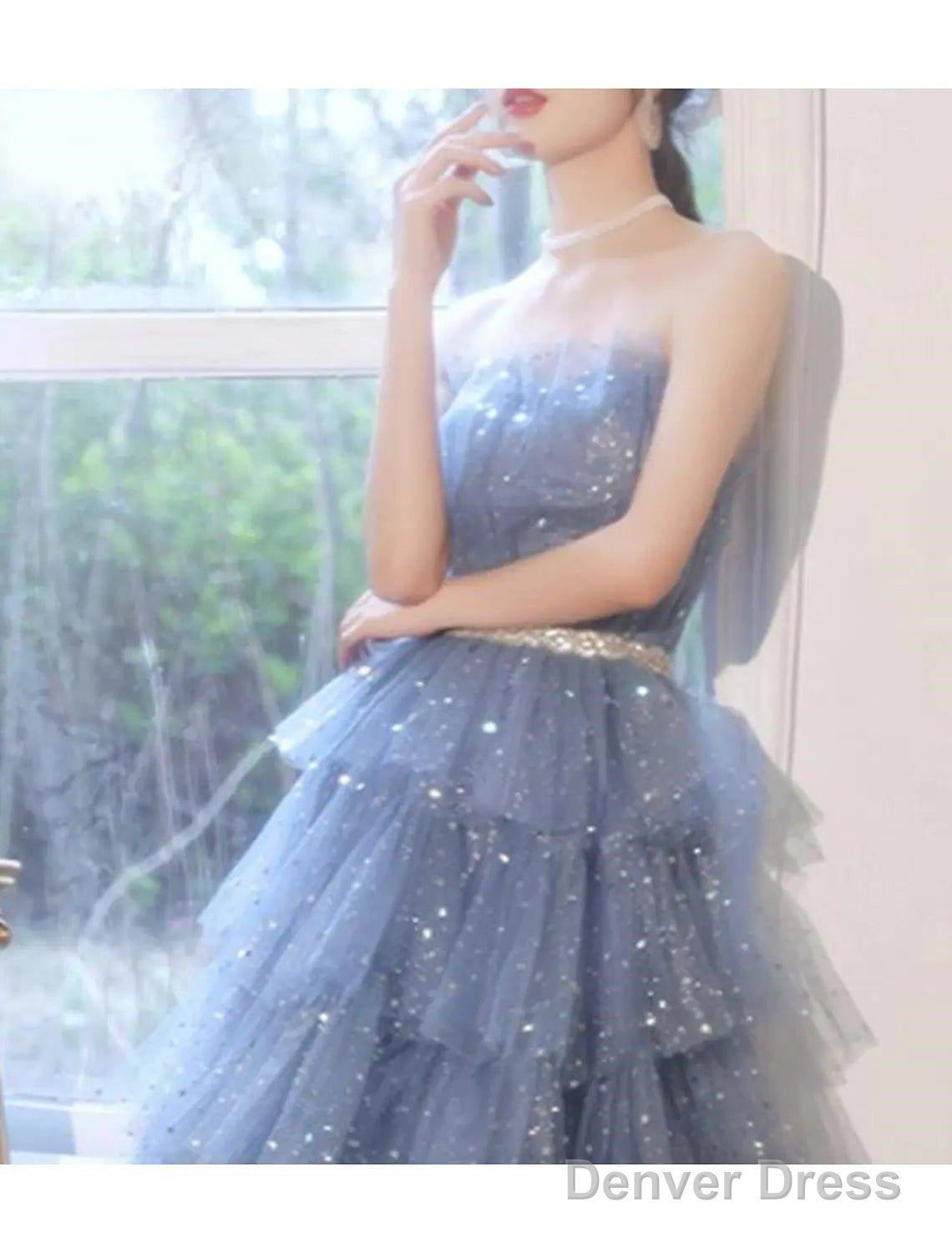A Line Bridesmaid Dresses Strapless Sleeveless Elegant Knee Length Tulle Sequined With Sash Ribbon Sequin Main image