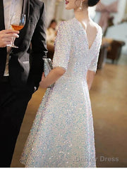 A-Line Bridesmaid Dress V Neck Half Sleeve Elegant Knee Length Sequined With Pleats / Sequin