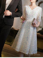 A-Line Bridesmaid Dress V Neck Half Sleeve Elegant Knee Length Sequined With Pleats / Sequin