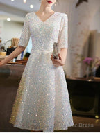 A Line Bridesmaid Dresses V Neck Half Sleeve Elegant Knee Length Sequined With Pleats Sequin