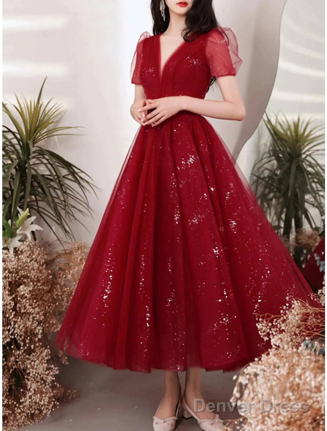 A-Line Bridesmaid Dress V Neck Short Sleeve Elegant Ankle Length Tulle With Sequin Secondary image