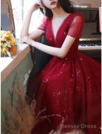 A-Line Bridesmaid Dress V Neck Short Sleeve Elegant Ankle Length Tulle With Sequin