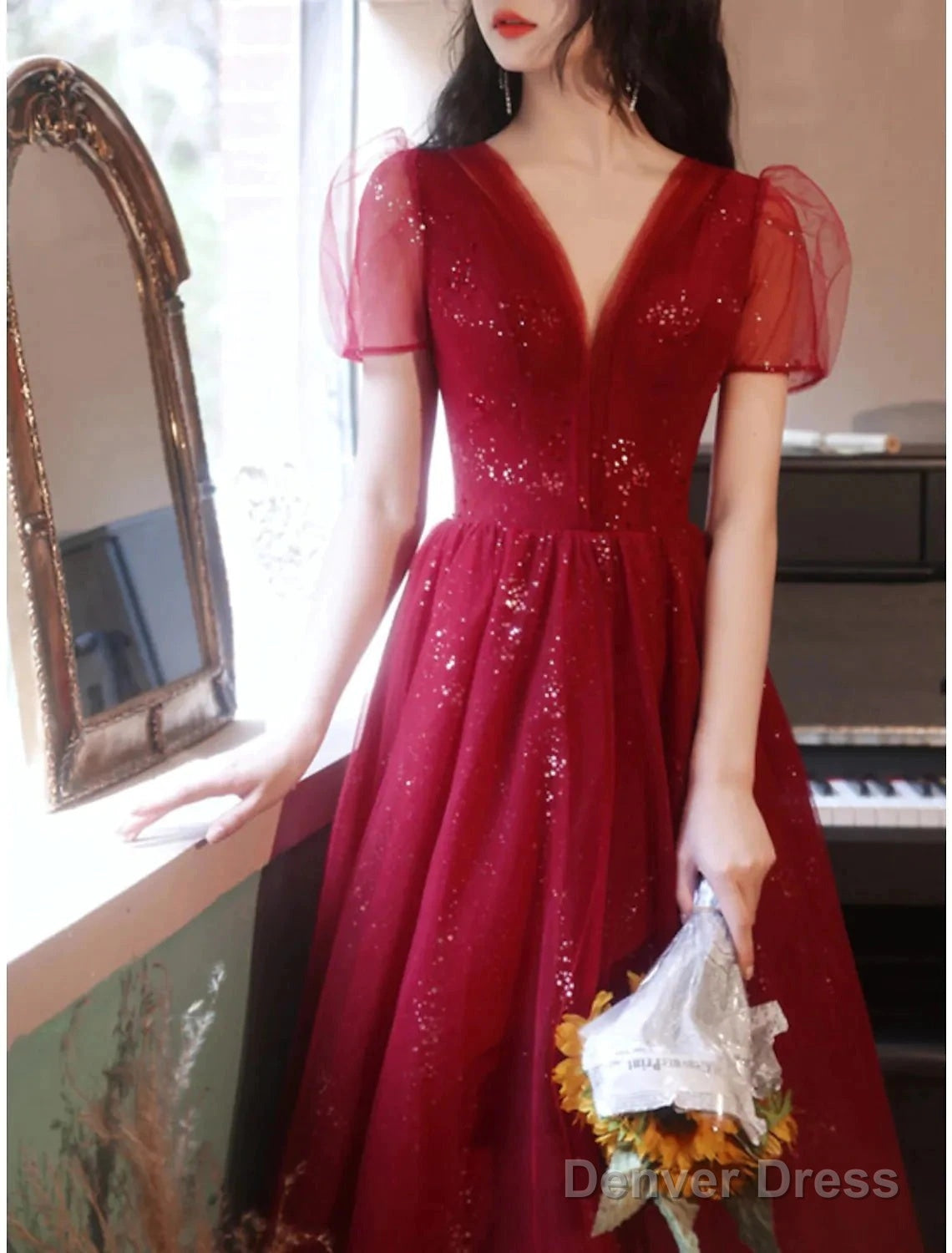 A-Line Bridesmaid Dress V Neck Short Sleeve Elegant Ankle Length Tulle With Sequin Main image