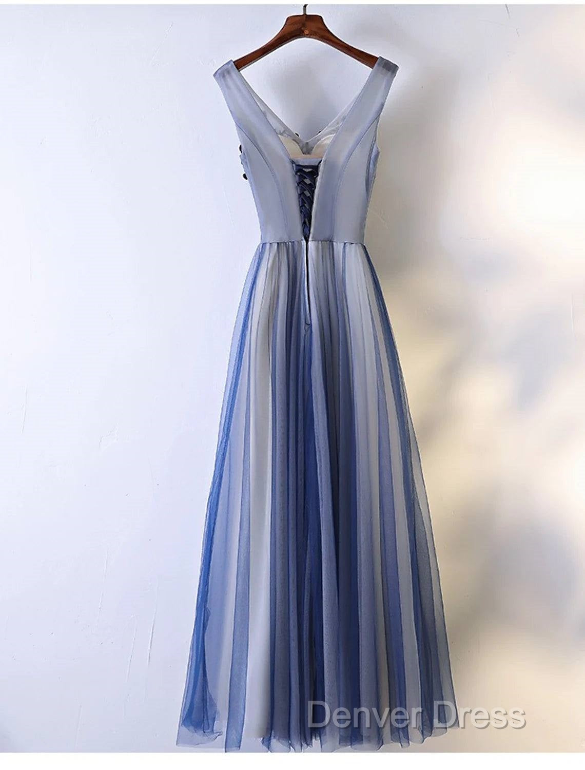 A Line Bridesmaid Dresses V Neck Sleeveless Elegant Floor Length Tulle With Beading Appliques