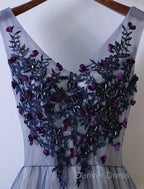 A Line Bridesmaid Dresses V Neck Sleeveless Elegant Floor Length Tulle With Beading Appliques