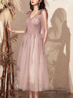 A-Line Bridesmaid Dress V Neck Sleeveless Elegant Tea Length Tulle With Bow(S) / Sequin