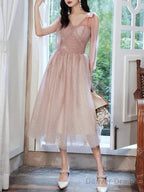 A-Line Bridesmaid Dress V Neck Sleeveless Elegant Tea Length Tulle With Bow(S) / Sequin