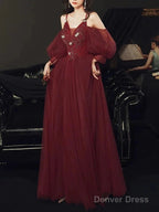 A Line Bridesmaid Dresses V Neck Spaghetti Strap Long Sleeve Elegant Floor Length Tulle With Appliques