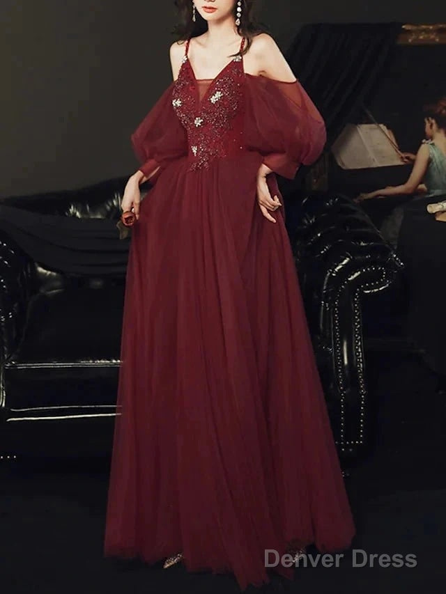 A Line Bridesmaid Dresses V Neck Spaghetti Strap Long Sleeve Elegant Floor Length Tulle With Appliques